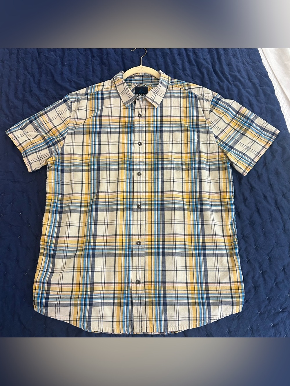 prAna Plaid Button Down Shirt Mens Large Short Sleeve Cotton Blend Blue Yellow